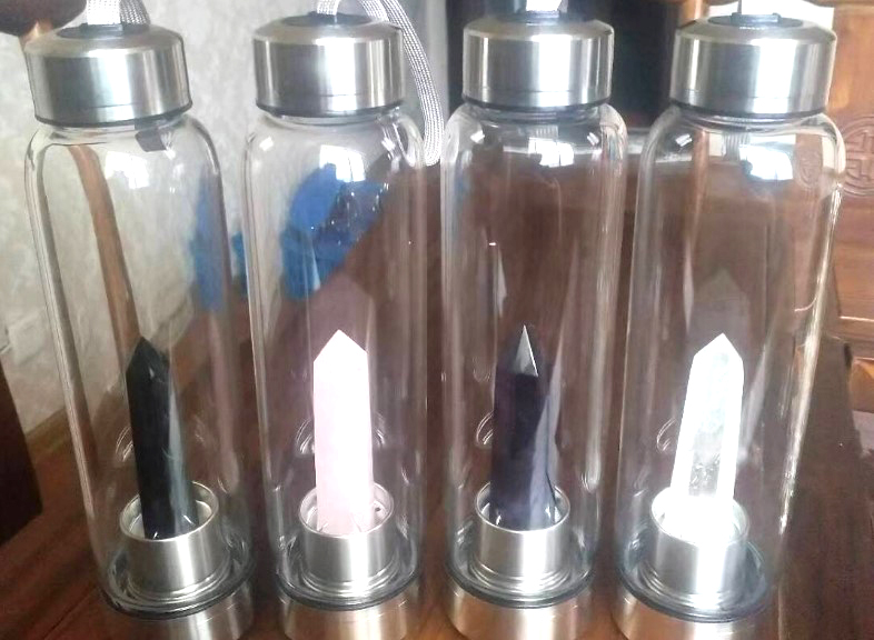 Glass water bottle with crystal